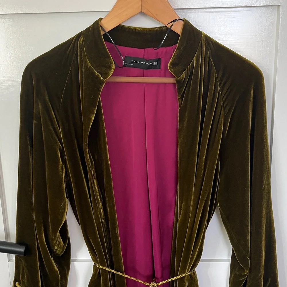 Zara Green Velvet Open Jacket Caftan Formal Dressing XS - Picture 3 of 15